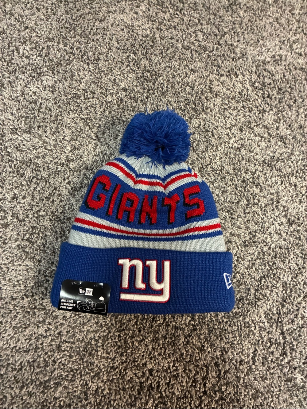 NFL NY Giants Blue Knit Pom Beanie with Black and White NFL Tag